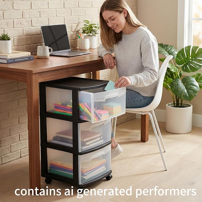 3 Drawer Plastic Storage Cart, Clear Rolling Home Office Organizer Black | Removable wheels switch between rolling mobility & stationary stability for any room.