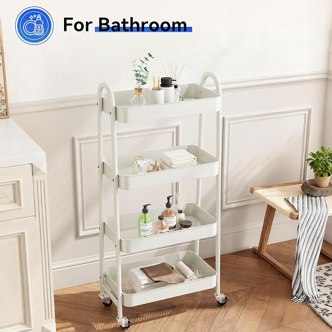 NEWBULIG 4-Tier Metal Rolling Cart with Lockable Wheels, Heavy Duty Mobile Utility Storage Shelf, Roller Book Snack Cart, Organization for Livingroom, Bathroom, Office, White