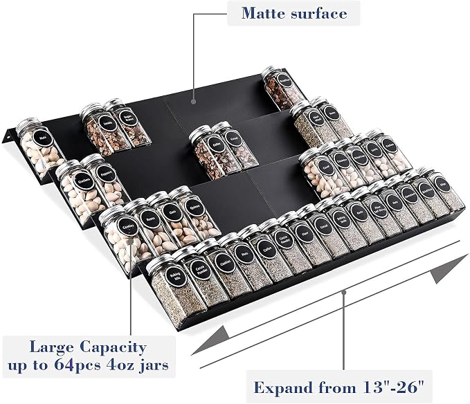 Mulush Metal Spice Rack Tray - Spice Drawer Organizer for Kitchen Cabinets Storage and Organization (Jars Not Included)