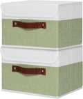 ANMINY 2PCS Storage Boxes with Lids Washable Decorative Storage Bins Basket with PU Leather Handle Foldable Linen Fabric Storage Cubes Containers for Home Closet Organizer - Green White, Medium