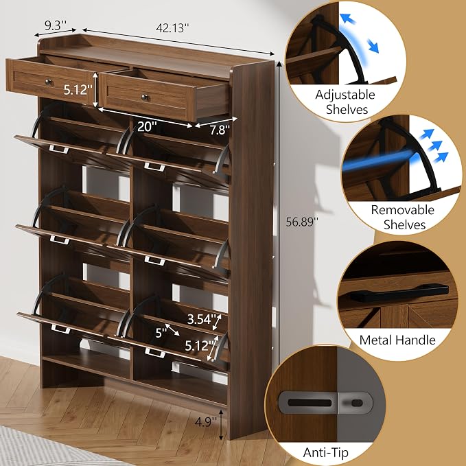 Thacuok Shoe Cabinet with 6 Flip Drawers & 2 Storage Drawers, Rustic Farmhouse Narrow Shoe Organizer Cabinet, Slim Shoe Rack Cabinet, Shoe Storage Cabinet for Entryway, Hallway, Front Door