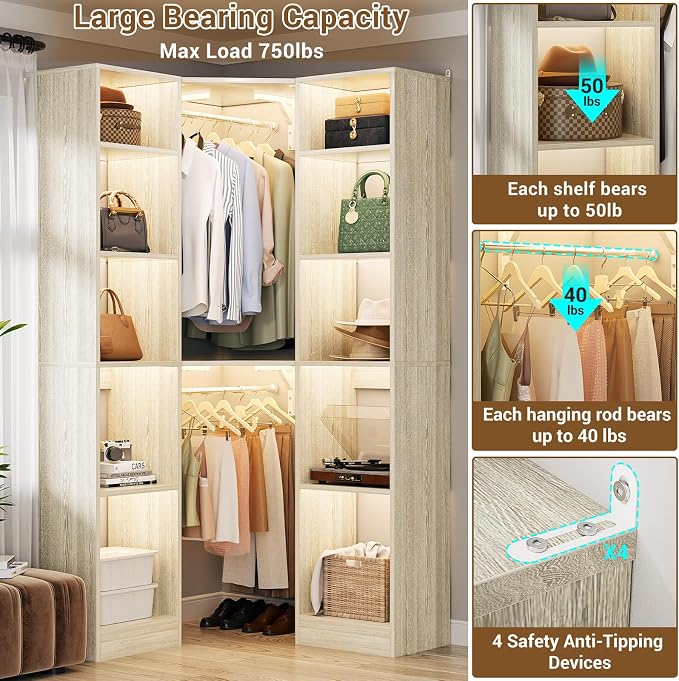 Besiost Corner Closet System with 12 Shelves, 39.2" Corner Closet Organizer System with 2 Hanging Rods, Versatile 6-Tier Walk-in Closets for Corner Space, White Oak (39.2" L x 39.2" W x 80" H)