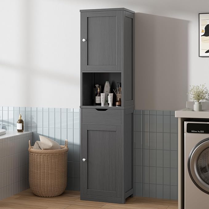 Walsunny Tall Bathroom Storage Cabinet with Freestanding Adjustable Shelves, Narrow Storage Linen Cabinet with 2 Doors and 1 Drawer for Bathroom, Living Room, Kitchen, Gray
