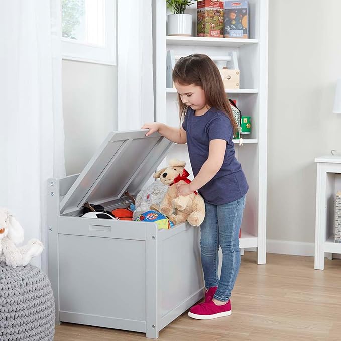 Melissa & Doug Toy Chest, Wooden Toy Storage Box with Safety-Hinged Lid, Kids Toys Storage Organizer for Playroom, Bedroom, & Montessori Classroom Furniture for Boys & Girls Ages 3+, Gray