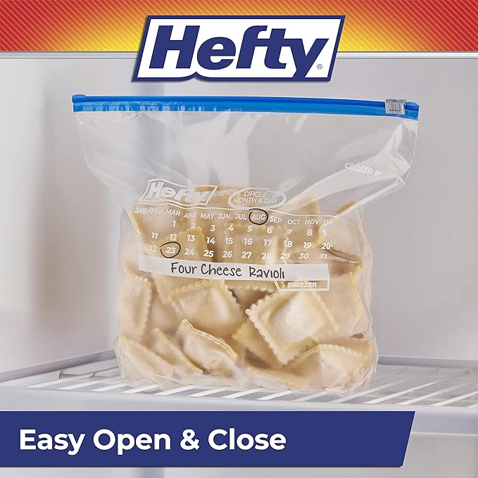Hefty Calendar Slider Gallon Freezer Bags,1 Gallon Size Slider Bags with Stand and Fill Expandable Bottoms,Helps Prevent Freezer Burn,25 Count (Pack of 8)