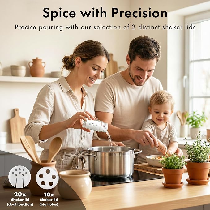 EDELHAUS Glass Spice Jars with Label, 24x Acacia Wooden Lids - White Labels | Airtight Lids keep spices fresh, Kitchen Spice Drawer Organizer, 4oz Seasoning Containers incl. Funnel, Brush & 240 Labels