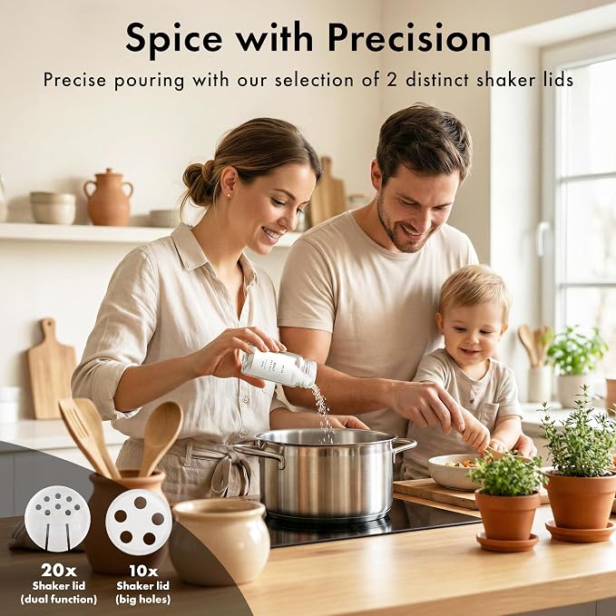 EDELHAUS Glass Spice Jars with Label, 24x Bamboo Wooden Lids - White Labels | Airtight Lids keep spices fresh, Kitchen Spice Drawer Organizer, 4oz Seasoning Containers incl. Funnel, Brush & 240 Labels