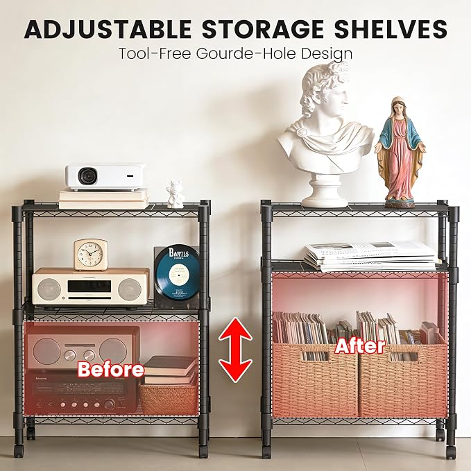 Xcity Storage Shelves, 3 Tier Heavy Duty Metal Shelving Unit with Wheels, 1050 LBS Adjustable Steel Wire Shelf for Commercial, Pantry, Kitchen, Garage, 14" D x 24" W x 30" H, Black