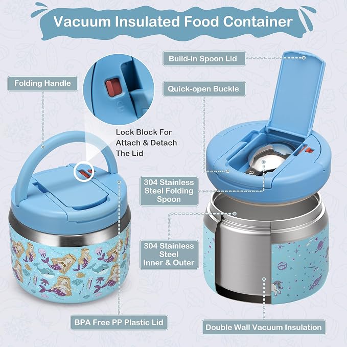 MAXSO 14oz Vacuum Insulated Food Jar with Spoon Buckle Lid, Kids Soup Thermo for Hot Food Wide Mouth Leakproof Stainless Steel Lunch Container - Mermaid