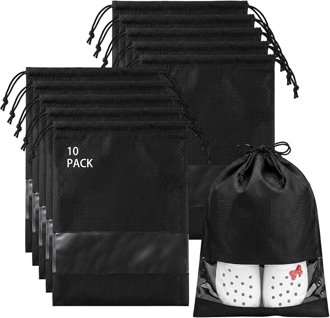 Large Shoe Bags for Packing with Clear Window, 17.3" X 12.6" Dustproof Drawstring Travel Shoe Storage Bags for Men & Women (10, Black)