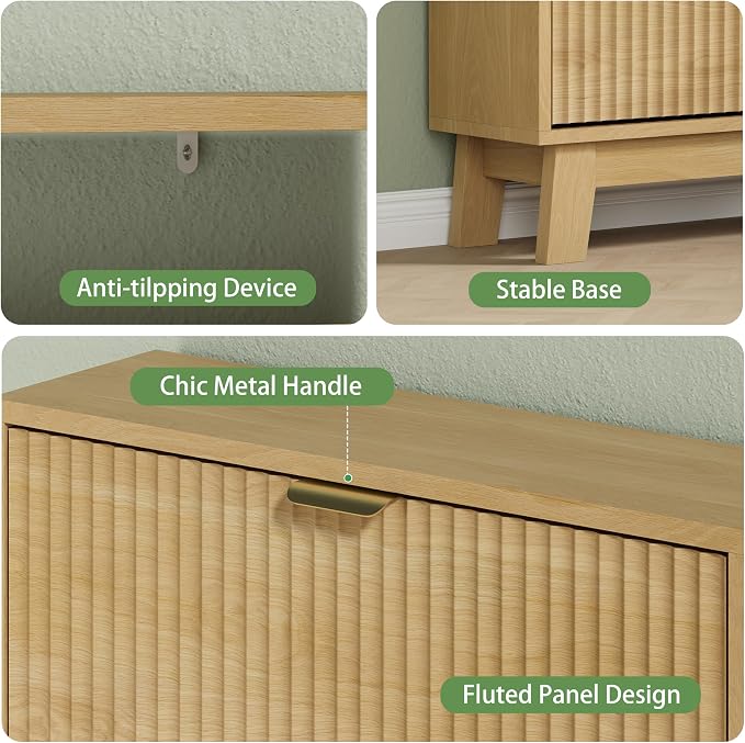 Xixini Shoe Cabinet with 2 Flip Drawers, 37" Tall Narrow Fluted Shoe Storage Organizer for Entryway, Hidden Slim Wooden Shoe Rack Cabinet for Front Door Entrance, Hallway, Living Room, Natural Oak