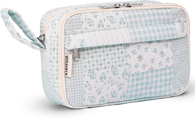 WOBAGMEN Quilted Pencil Pouch for Girls Women, Large Pencil Case Pouch with Compartments Cute Aesthetic Pencil Case Organizer, Floral Pencil Bag for School Supplies (green blue pin)