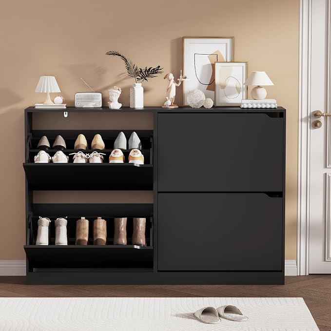 Shoe Storage Cabinet, Wood Shoe Organizer for Entryway with 3 Flip Drawers, Freestanding Shoe Rack with Adjustable Shelf, Narrow Shoe Dresser for Front Door Entrance (Black, 4 Drawers)