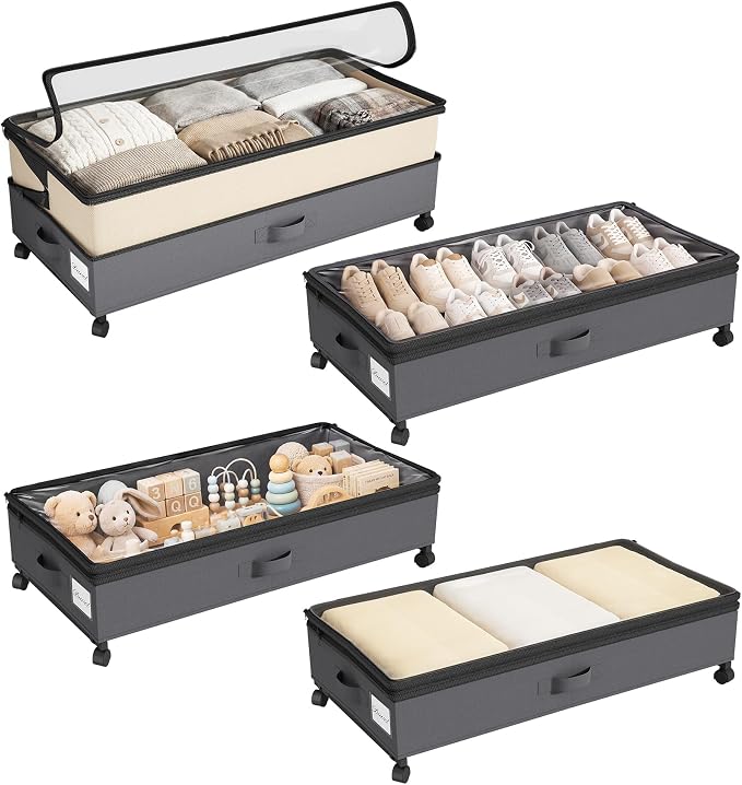 Kitstorack 4 Pack Height-adjustable Under Bed Storage with Wheels, Under Bed Storage Containers,Under Bed Shoe Storage Organizer with Clear Window&Label, Suitable for Clothes Storage, Beige & Gray