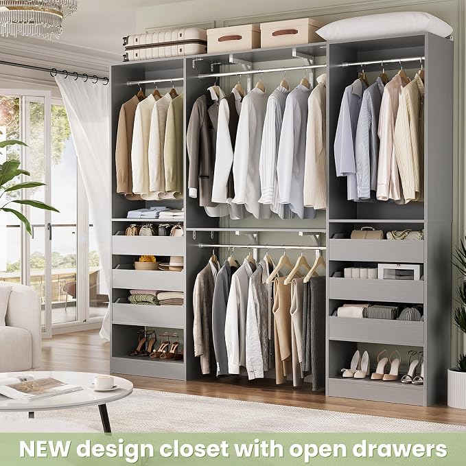 5FT Closet System with 3 Half-Open Wooden Drawers, 60'' Closet Organizer System with 2 Reversible Hanging Rods and Big Wing Shelf, 80" Tall Wall Mounted Wardrobe for Walk-in Closets, Grey