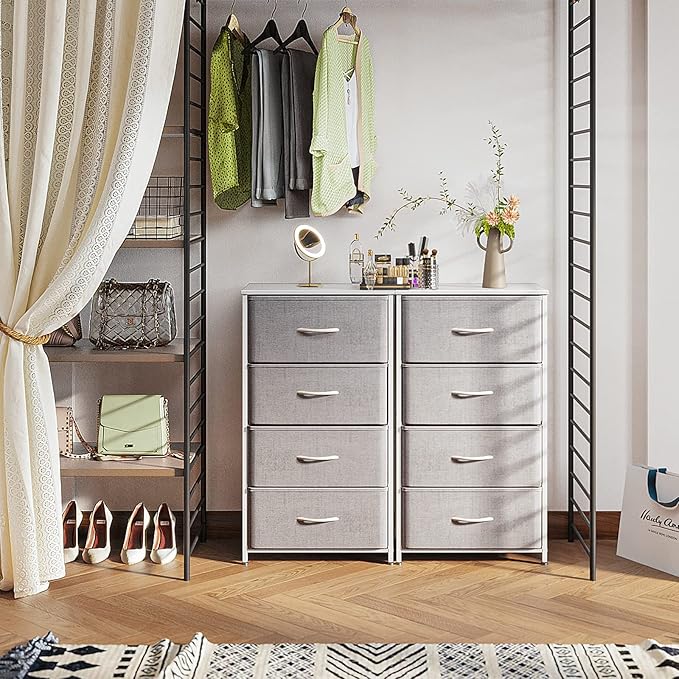 ODK Small Dresser for Bedroom with 4 Storage Drawers, Light Grey | Dresser Chest of Fabric Drawers with Sturdy Steel Frame for Small Space, Wood Top