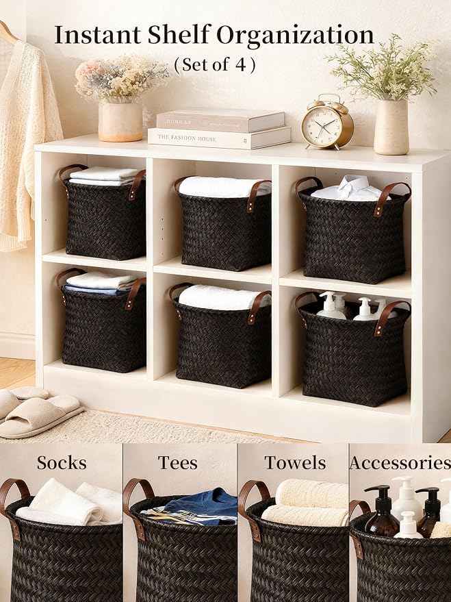 Hand Woven Baskets for Storage, 4Pcs Water-Resistant Wicker Baskets, Dark Gold Wicker Storage Baskets for Shelves, Large Basket with Handle for Organizing, Closet, Laundry, Blanket - Round
