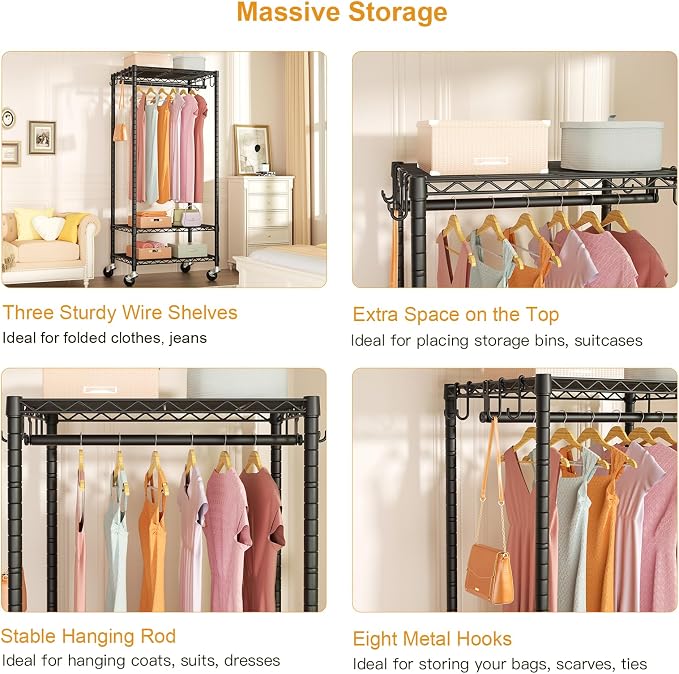 FUTASSI Rolling Clothes Rack, Clothing Racks for Hanging Clothes, Black | P6 Mini Heavy Duty Garment Rack with Wheels, Freestanding Portable Closet Rack with Shelves, 23.6 In Wide, Max Load 360 LBS