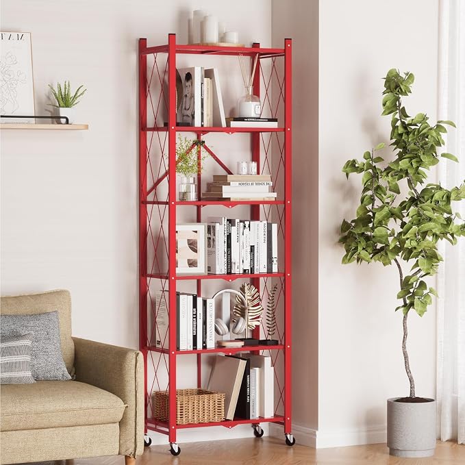 ALANNG 73.6 Inch Folding Bookshelf, 6 Tier Metal Bookcase and Bookshelves | Tall Shelves for Living Room Office Bedroom, Heavy Duty Book Shelve Free Standing Open (Red, 1PACK)