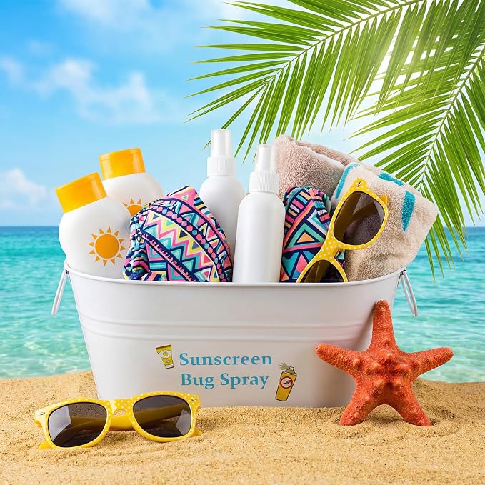 Blulu Sunscreen Bug Spray Storage Bucket Metal Poolside Basket Above Ground Pool Bin Summer Basket Outdoor Storage for Sunscreen Goggles Flip Flop Spf Swimming Camping Beach Accessories Decor(White)