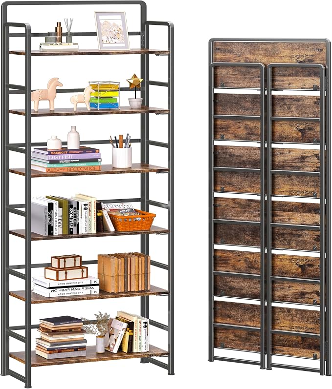 4NM No Assembly 6 Tiers Folding Bookshelf Storage Shelves Vintage Bookcase Standing Racks Study Organizer Home Office (Rustic Brown Black)