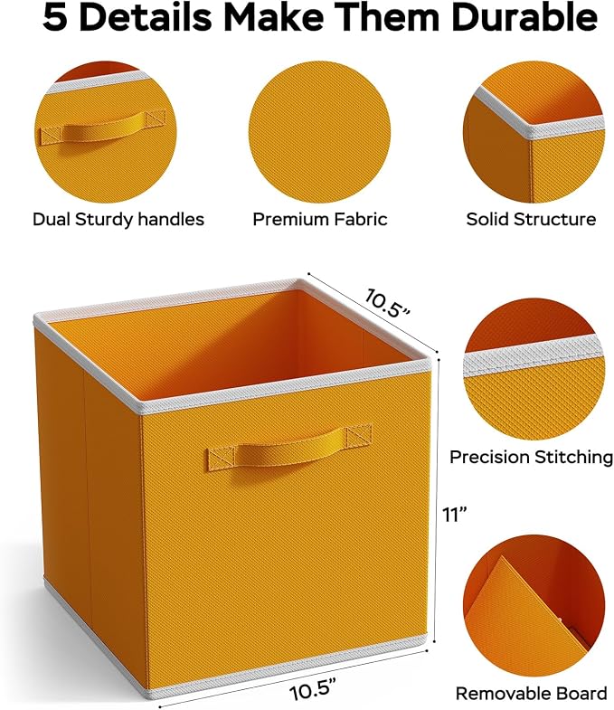 MAX Houser Fabric Cloth Storage Bins,Foldable Storage Cubes Organizer Baskets with Dual Handles for Home Bedroom Storage,Set of 6(Yellow)