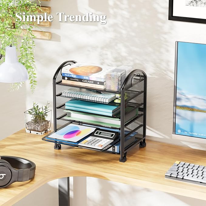 Simple Trending 6-Tier Letter Tray Organizer, Metal Mesh File Holder, Black | Fits Standard Letter-size Papers | Sturdy Metal Mesh | Non-Slip Feet | Easy-grip Handle | Black for Office Home School