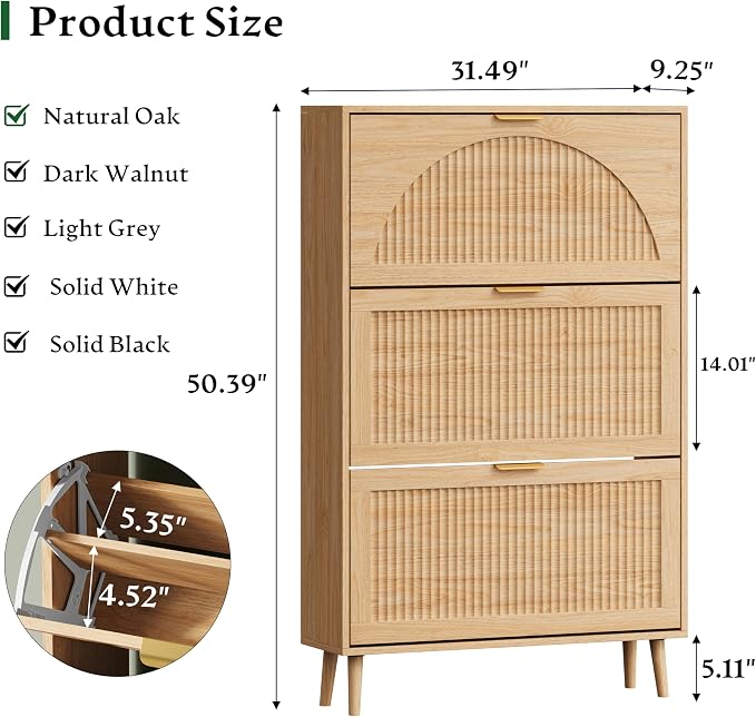 Xixini Shoe Storage Cabinet with 3 Flip Drawers, 50" Tall Narrow Wood Fluted Shoe Organizer for Entryway, Freestanding Wooden Hidden Slim Shoe Rack for Front Door Entrance, Hallway, Foyer, Natural Oak