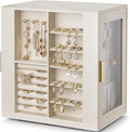 VLANDO 360ｰ Rotating Jewelry Box with 5 Drawers, Large Jewelry Storage with 2 Glass Window, PU Leather Jewelry Organizer for Bracelets, Necklaces, Earrings, Rings - Cloud White