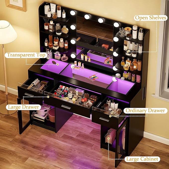 HUAHUU Vanity Desk, Makeup Vanity Desk with Mirror and Lights 3 Colors, Transparent Top with 3 RGB Drawers, 6 Shelves, 2 Large Tempered Cabinets, Power Outlet, for Bedroom, Black