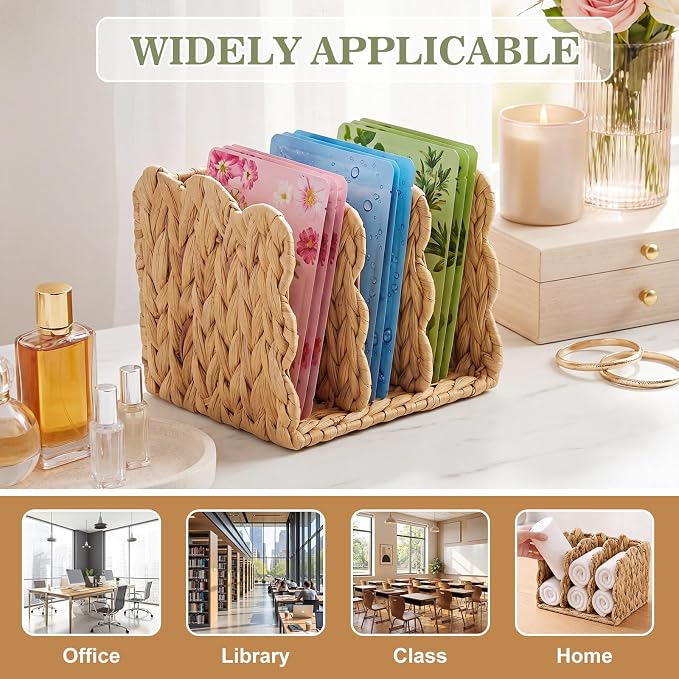 Novabright Scalloped Water Hyacinth Magazine Holder, Wicker Rattan File Organizer, 3 Vertical Compartments Desktop Paper Sorter for Binders, Notebooks, Envelopes, Woven Boho Office Desk Organizer