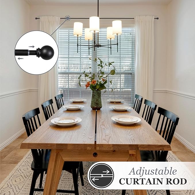 Kenney – Chelsea Curtain Rod, Durable 5/8" Steel Rod with Decorative Ball Ends, Adjustable 30–86" for Light to Medium Weight Curtains, Black