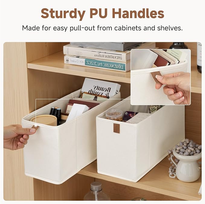 StorageWorks Thin Narrow Baskets for Storage, Small Storage Bins, Fabric Storage Bins with PU Handle, Ideal for Slim Shelves, Clothes, and Toys, Beige, 2-Pack