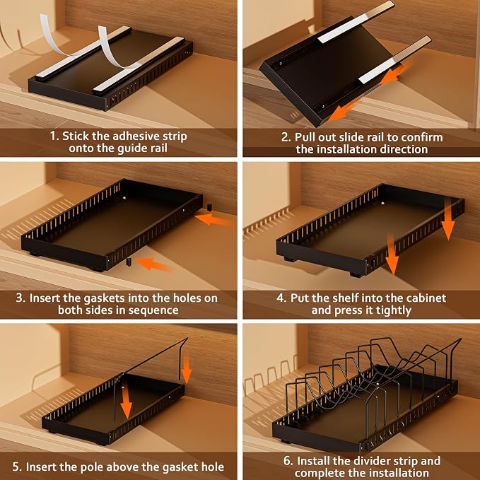 Black Pull Out Pot Lid Organizer, Cabinet Pan Rack, 10 Dividers | 2-pack black carbon steel rack, 16 adjustable dividers, quiet slide rails, adhesive or screw mount for lids, pans, bakeware