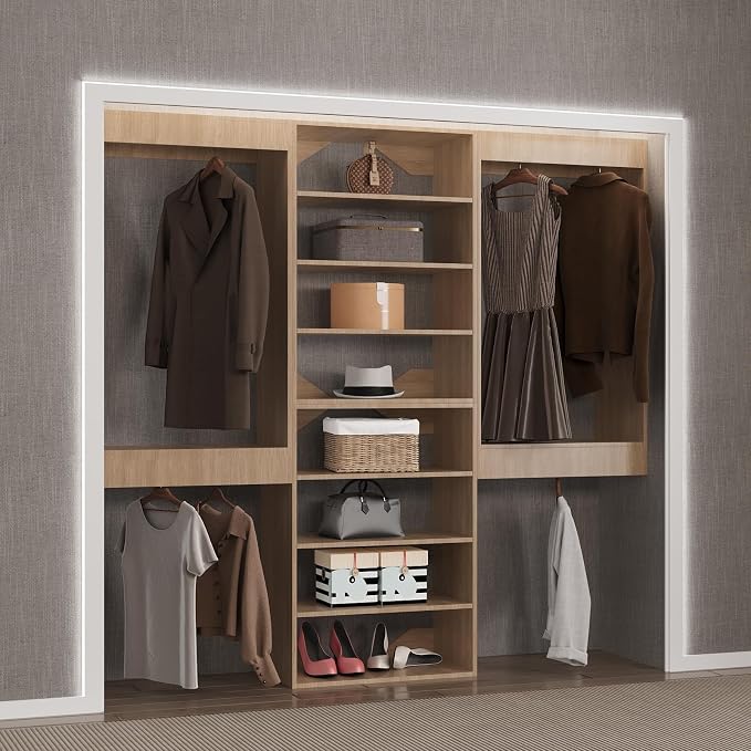 Modular Closet System, 78" Wide Closet Organizer System with Hanging and Towers, Wood Tower Closet Storage for Walk In Closets, Wall Mounted Wardrobe Organizer Kit System, Bedroom, Wood