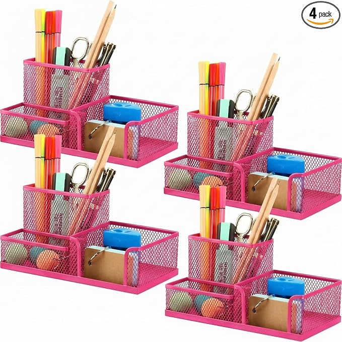 Ferraycle 4 Pcs Mesh Desk Organizer 3 Compartments Mesh Pen Holder Sticky Notes Pencil Holder Metal Caddy Desk Pen Organizer for Desktop Accessories Storage Baskets Home Office School(Pink)