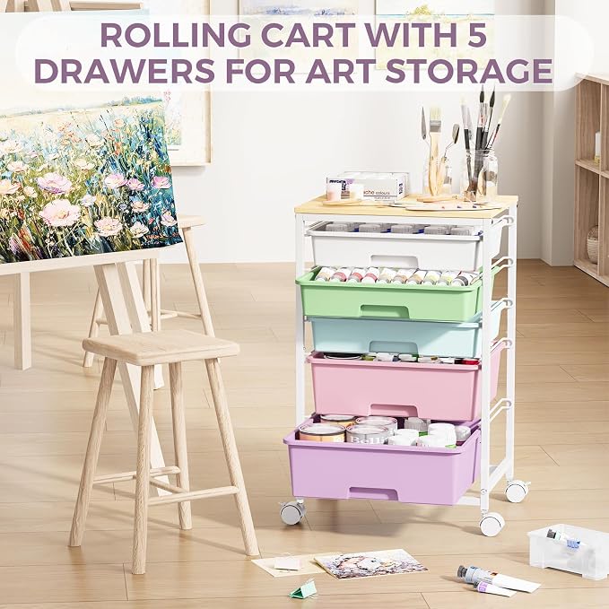 SYKIARIOL 5-Tier Rolling Utility Storage Drawer Craft Cart on Wheels with Wooden Tabletop, Mobile Craft Storage Drawer Cart Trolley for Home Office, Classroom, Craft Room & Kid Room, Ice Cream