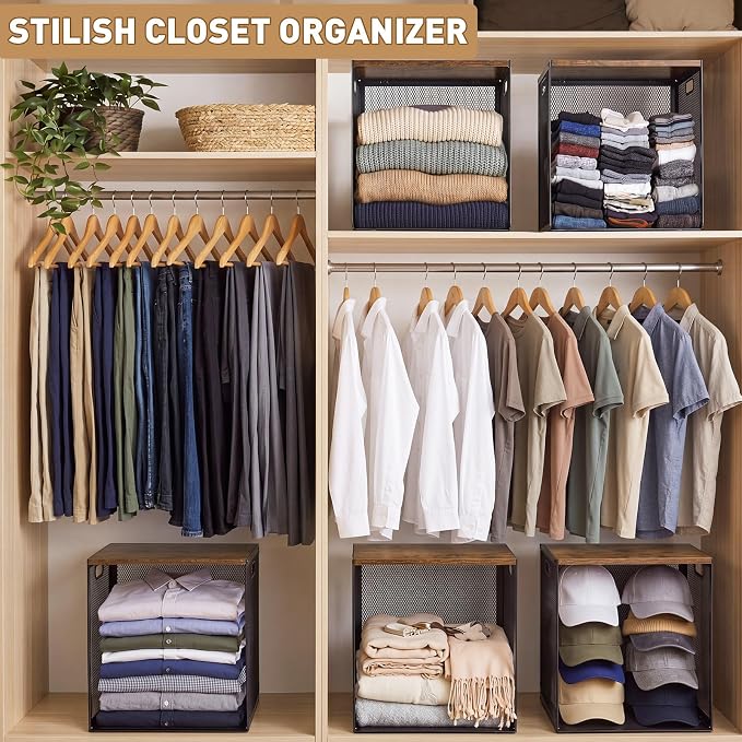 AceOrbit 3 Pcs Heightened Stackable Closet Organizers and Storage with Wood Foldable Top Metal Cube Closet Shelf DIY Space Saving Linen Cloth Shoe Bed Sheet Bin Wardrobe Bedroom (12"x12"x15.7", Dark)