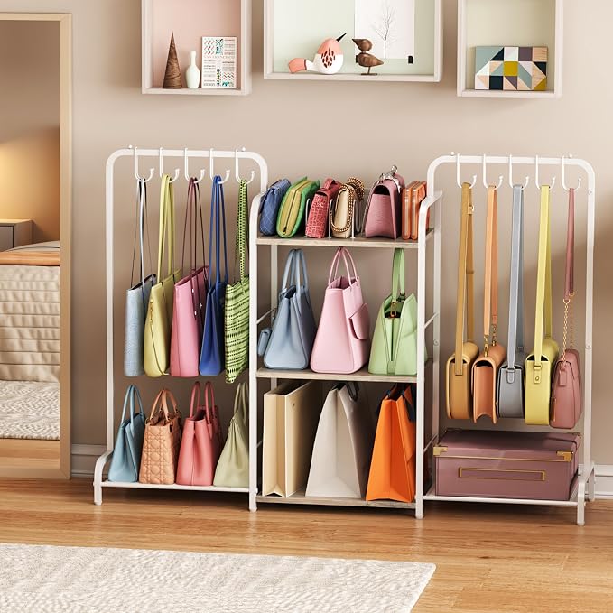 Purse Organizer with 2 Purse Hangers for Purse Storage, High-Capacity Handbag Organizer with 10 Adjustable Hooks and 3 Dividers, Purse Holder for Closet System, Purse Rack Stand for Bag Organization