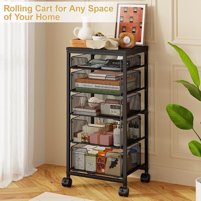 Sbanmao 5 Drawers Rolling Utility Cart, Rolling Storage Cart with Wooden Tabletop and Lockable Wheels, Storage Drawer Cart with Drawers, Craft Cart for Bedroom, Classroom, Home, Office,Black