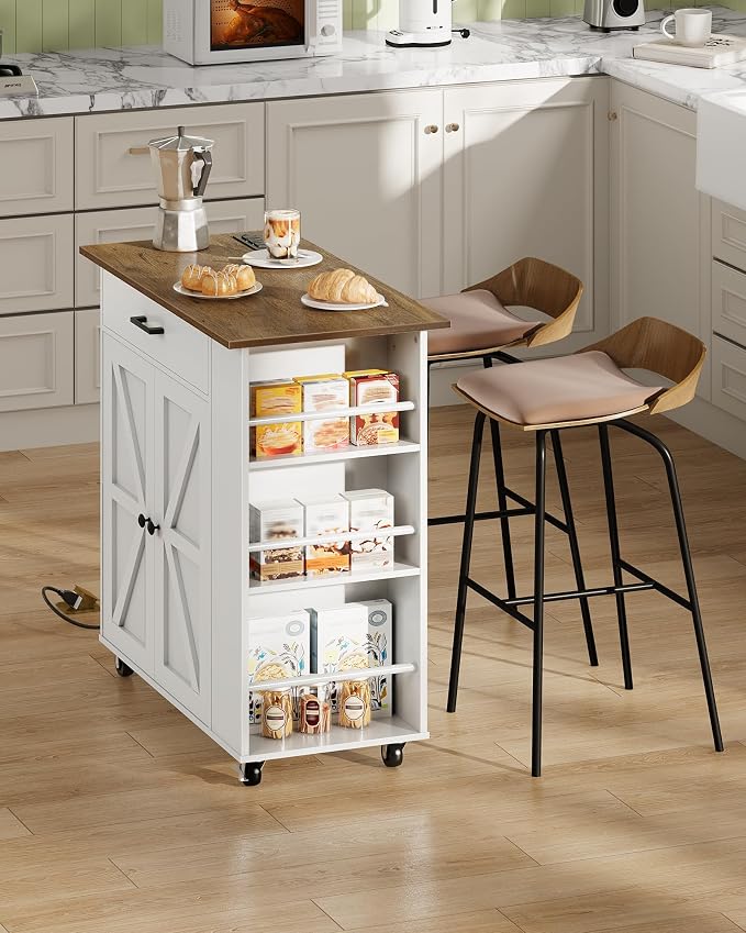 CHOEZON Kitchen Island Cart with Storage, Bar Cart with Charging Station, Kitchen Island on Wheels, Rolling Mobile Table with Cabinet, 3 AC Outlets, White and Walnut MZD04UWL