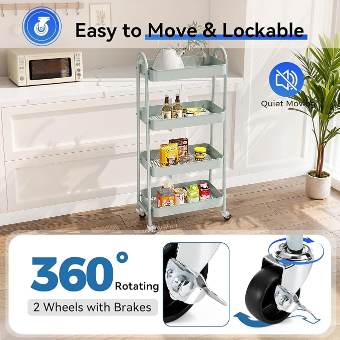 NEWBULIG 4-Tier Metal Rolling Cart with Lockable Wheels, Heavy Duty Mobile Utility Storage Shelf, Roller Book Snack Cart, Organization for Livingroom, Bathroom, Office, Green