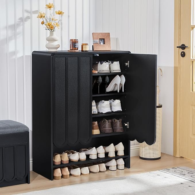 ORRD Shoe Storage Cabinet with Scalloped Doors, 5-Tier Wooden Shoe Cabinet with Adjustable Shelves, Shoes Rack Storage Organizer for Entryway, Hallway, Living Room, Black