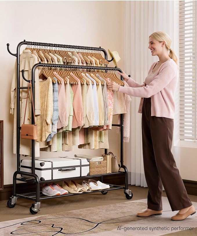 Homde Sturdy Garment Rack for Bedroom: 265 lbs Heavy Duty Clothes Organizer | 2 Hanging Rods Hold Coat to T-Shirt - Easy Roll & Park on Wheels - Metal Frame Stays Solid & Stable at Full Load
