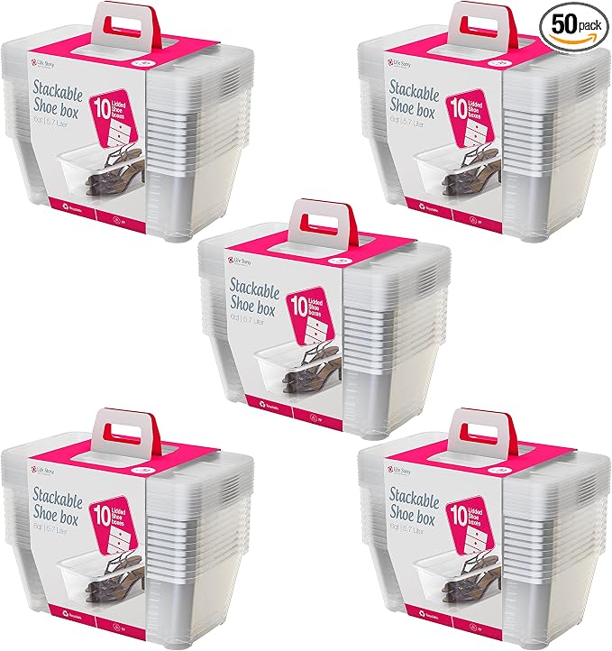 Life Story 6 Liter Shoe, Accessory, and Closet Plastic Storage Box Multi-Purpose Lidded Stacking Tote Containers, Clear (50 Pack)