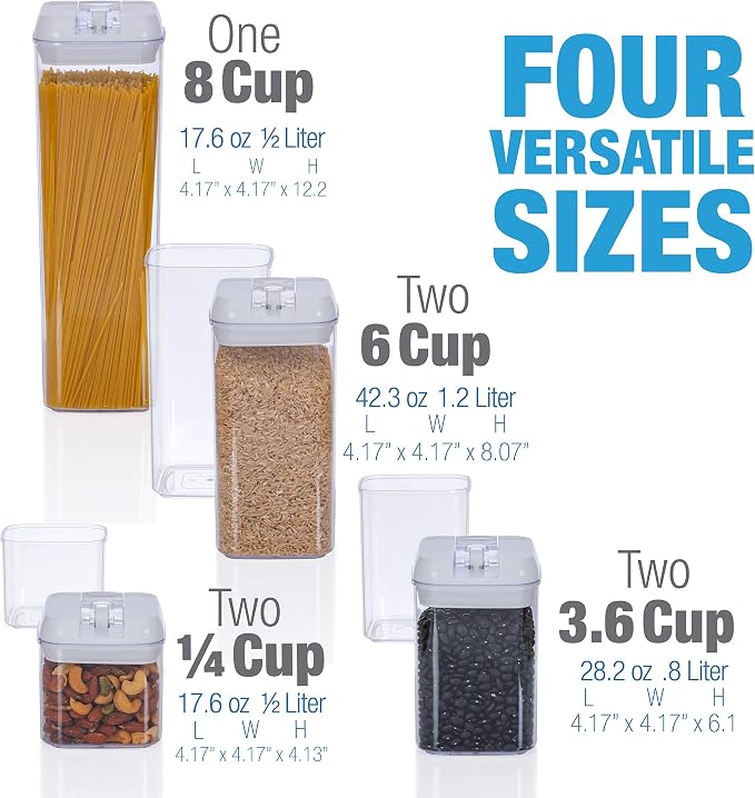 Set of 7 Airtight Food Storage Containers - Pantry Organizer Bins, BPA Free Plastic Containers plus Dry Erase Marker and Labels, Black