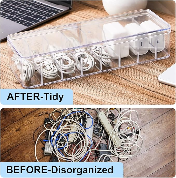 Tatuo 4 Pcs Cord Organizer for Drawer Desktop, Cable Organizer Box with 8 Compartments and Wire Ties, Plastic Charger Storage with Lid, Electronics Case for Home Office Accessories (Small,Clear)