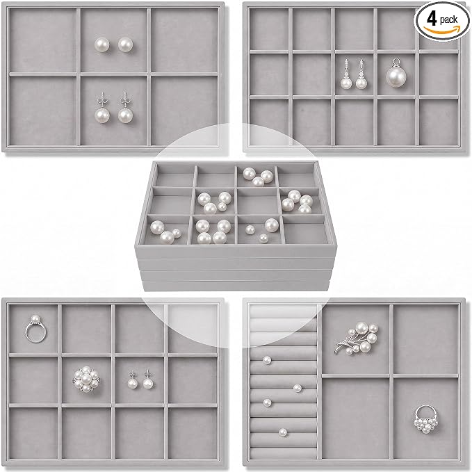 Unittype Set of 4 Stackable Jewelry Organizer Tray for Drawer Inserts Velvet Necklace Earring Bracelet Ring Holder Jewelry Display Storage Box for Bangle Stud Necklace Ring(Mixed Styles,Gray)