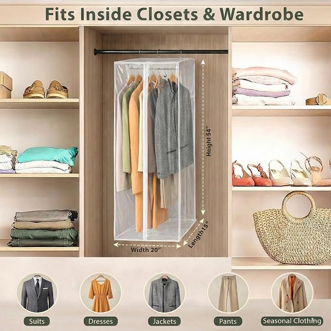 Clear Garment Bag, 54" Hanging Zippered Closet Organizer with Metal Frame – Protects Dresses, Suits & Jackets from Dust and Moisture