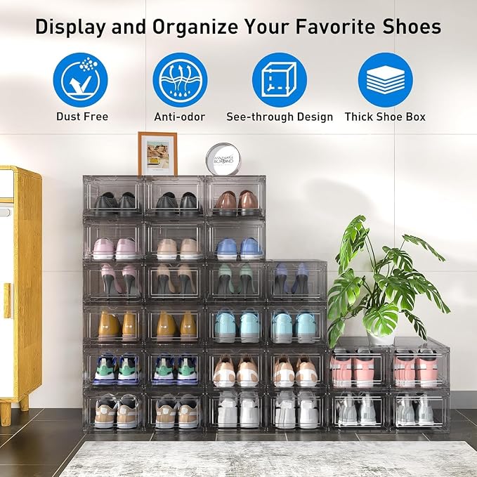 10 Pack Thickened Clear Stackable Shoe Organizer Storage Boxes with Magnetic Door, Sneaker Display Cases for Closet, Entryway & Under Bed Storage, Space Saving Shoe Storage Solution, Gray